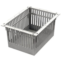 Ein graues Novocal ABS Modul Aufbewahrungssystem, teilbar und inkl. Auszugsstopps, mit vertikalen Lamellen und einem massiven Sockel zur Belüftung oder Entwässerung, ist schräg dargestellt.