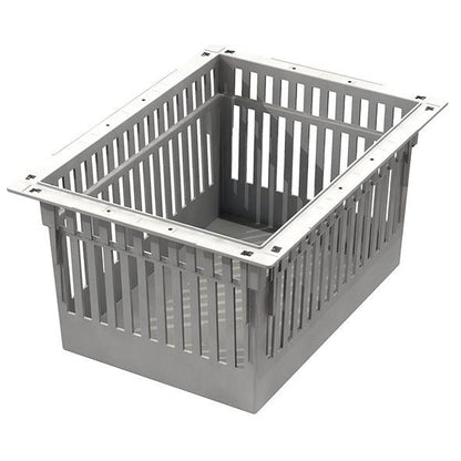 A gray Novocal ABS module storage system, divisible and including pull-out stops, with vertical slats and a solid base for ventilation or drainage, is shown at an angle.