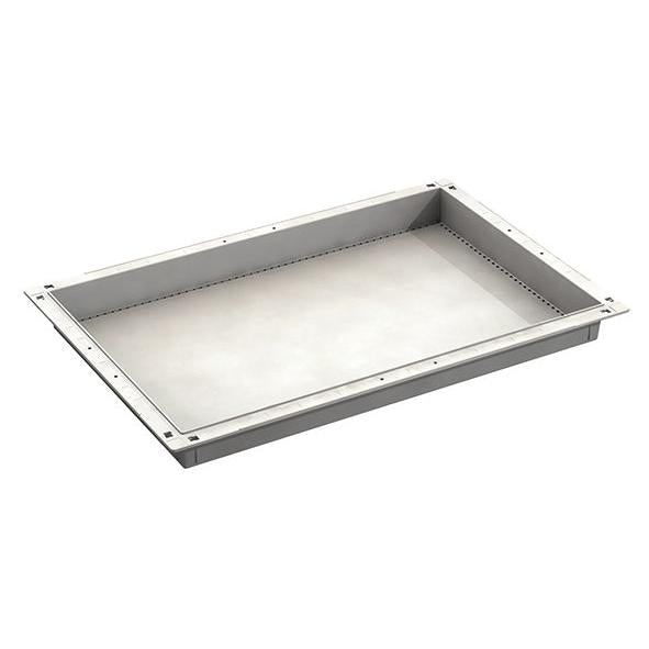 A gray, divisible Novocal ABS module tray with raised edges and a surrounding flange, including pull-out stops, by Novocal; depicted from a slightly elevated angle against a white background.