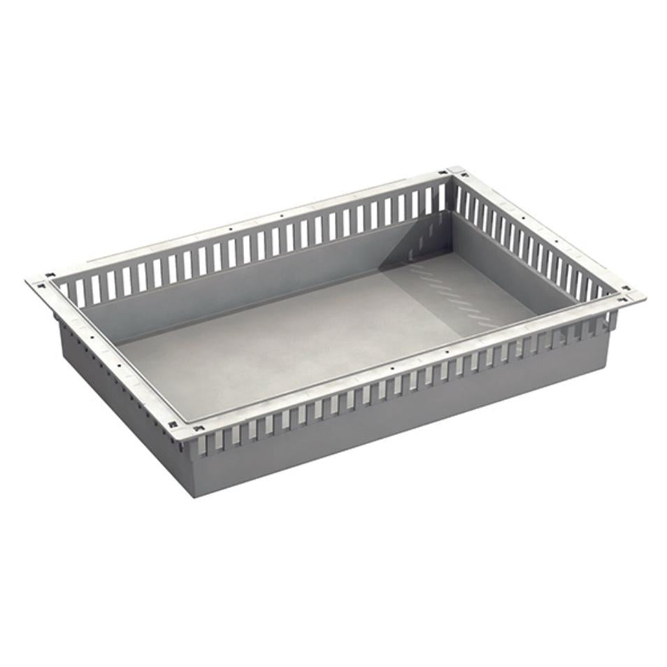 A gray, rectangular Novocal ABS module tray with ventilated sides, flat bottom, and evenly distributed vertical slots on the edge; with drawer stops and divisible.