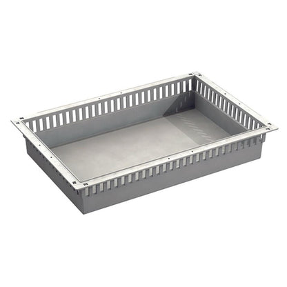 A gray, rectangular Novocal ABS module tray with ventilated sides, flat bottom, and evenly distributed vertical slots on the edge; with drawer stops and divisible.