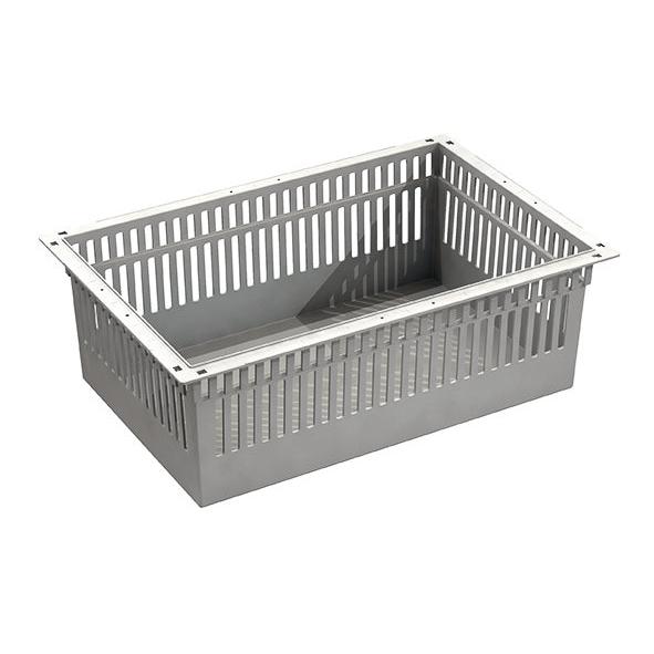 The Novocal ABS module, gray, divisible with pull-out stops, is a rectangular plastic basket with a reinforced edge, vertical slots, and flat bottom - part of the Novocal storage system.