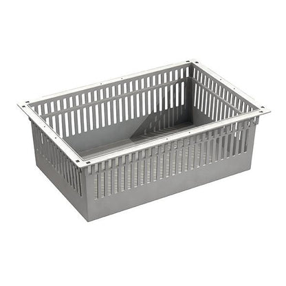 The Novocal ABS module, gray, divisible with pull-out stops, is a rectangular plastic basket with a reinforced edge, vertical slots, and flat bottom - part of the Novocal storage system.