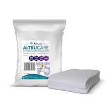 Eine Packung Altruan Altrucare Einmalwaschhandschuhe CuraSOFT Comfort (75 g) mit 50 Einmalwaschhandschuhen ist neben einem Stapel gefalteter Handschuhe abgebildet; die Packung ist 22 x 15 cm groß.
