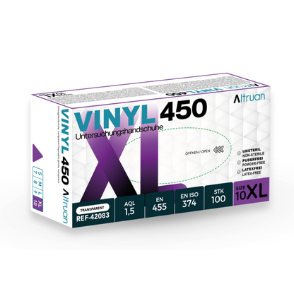 Eine rechteckige Schachtel mit Altruan Vinyl 450 Einmalhandschuhen, transparent, unsteril, puderfrei, latexfrei (100 Stück), Größe 10 XL. Die Schachtel enthält Produktdetails und Zertifizierungen der Marke Altruan.