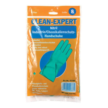 A pack of nitrile chemical gloves "Clean-Expert" from AMPri Handelsgesellschaft mbH, size 8. The orange-transparent packaging shows an image of the green gloves inside. These industrial gloves are latex-free, flocked, and tested for tightness, making them ideal chemical protection gloves.
