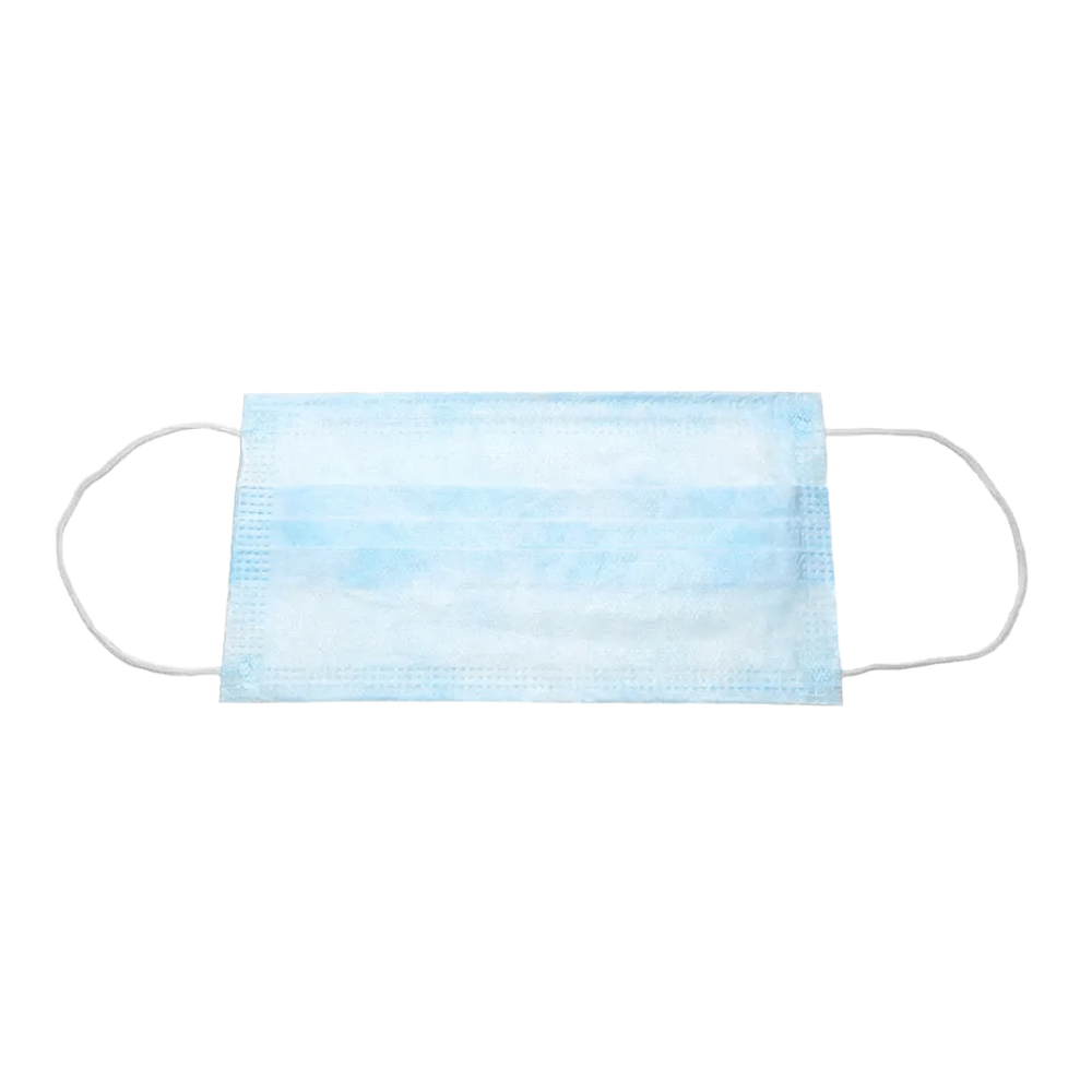 A single light blue disposable mask with white ear loops is shown against a white background. The AMPri BASIC-PLUS Surgical Mask 3-lg. Type II from AMPri Handelsgesellschaft mbH features three pleats that allow it to expand and cover the face, ensuring effective protection.