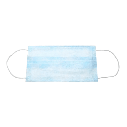 A single light blue disposable mask with white ear loops is shown against a white background. The AMPri BASIC-PLUS Surgical Mask 3-lg. Type II from AMPri Handelsgesellschaft mbH features three pleats that allow it to expand and cover the face, ensuring effective protection.