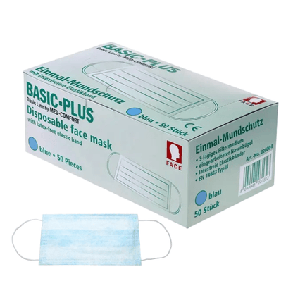 A blue-and-white box labeled “AMPri BASIC-PLUS Surgical Mask, 3-ply. Type II, various colors” by AMPri Handelsgesellschaft mbH contains 50 masks. The box displays product details, including the blue color and the fact that the masks are latex-free. A single blue, 3-ply disposable mask is also shown separately below the box.