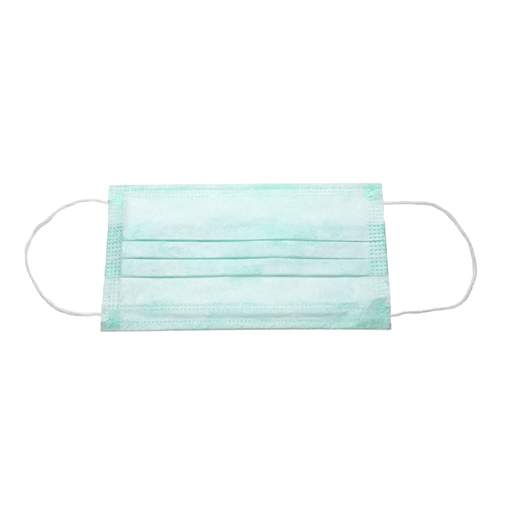 A light blue AMPri BASIC-PLUS OP mask (3-ply, Type II), manufactured by AMPri Handelsgesellschaft mbH, with ear loops, lies flat on a white background. This three-ply mask has three pleats and is designed as a disposable mask to prevent the spread of contaminants.