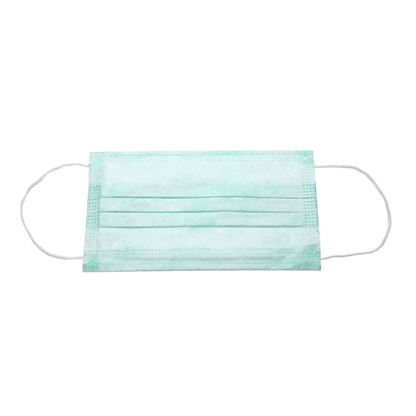 A light blue AMPri BASIC-PLUS OP mask (3-ply, Type II), manufactured by AMPri Handelsgesellschaft mbH, with ear loops, lies flat on a white background. This three-ply mask has three pleats and is designed as a disposable mask to prevent the spread of contaminants.