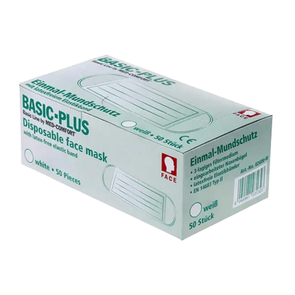 The image shows a green-and-white box labeled “AMPri BASIC-PLUS Surgical Mask, 3-ply. Type II, various colors.” The box contains 50 white, latex-free masks and displays various product details in English and German, highlighting the 3-ply surgical mask design from AMPri Handelsgesellschaft mbH.