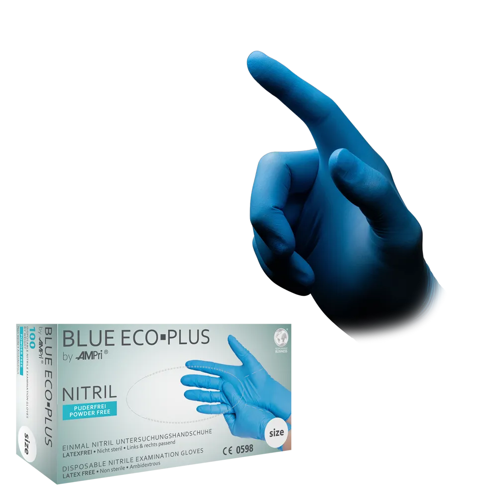 Bild einer Hand mit einem blauen Nitrilhandschuh, die nach oben zeigt. Unter der Hand befindet sich eine Schachtel „AMPri BLUE ECO-PLUS Nitrilhandschuhe puderfrei, Blau“ der AMPri Handelsgesellschaft mbH. Die Schachtel hebt hervor, dass diese Nitril-Einweghandschuhe puderfrei, latexfrei und für den einmaligen Gebrauch geeignet sind und sich daher ideal für die Lebensmittelindustrie eignen.