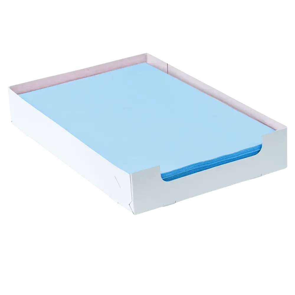 A neatly arranged stack of blue AMPri Dental crepe cover tray filter papers 18 x 28 cm is presented in a white cardboard tray with open sides. This rectangular tray keeps the paper perfectly aligned and minimalist, ideal for organized dental care routines, provided by AMPri Handelsgesellschaft mbH.