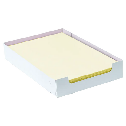 A stack of yellow stationery sheets is carefully placed in an AMPri Dental crepe cover tray filter box, which has a slight pink hue on the inside and stands against a flawlessly white background.