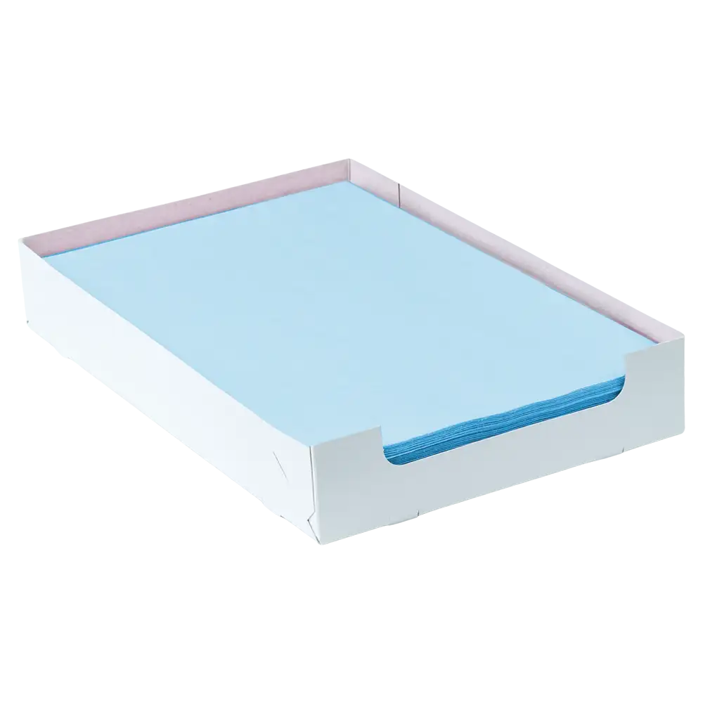 A stack of light blue AMPri Dental crepe cover tray filter paper in the size 18 x 28 cm lies neatly in a white cardboard tray with open sides, making it the ideal choice for efficient dental organization.