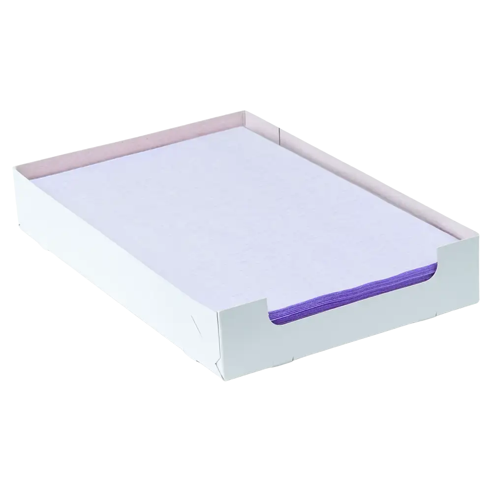 In a white cardboard box from AMPri Handelsgesellschaft mbH, there is a stack of purple AMPri Dental crepe cover tray filter paper sheets in the size 18 x 28 cm. The top sheet is white, allowing the purple edges underneath to slightly show through. The box is open at the top and has a simple design.