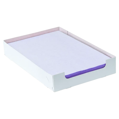 In a white cardboard box from AMPri Handelsgesellschaft mbH, there is a stack of purple AMPri Dental crepe cover tray filter paper sheets in the size 18 x 28 cm. The top sheet is white, allowing the purple edges underneath to slightly show through. The box is open at the top and has a simple design.