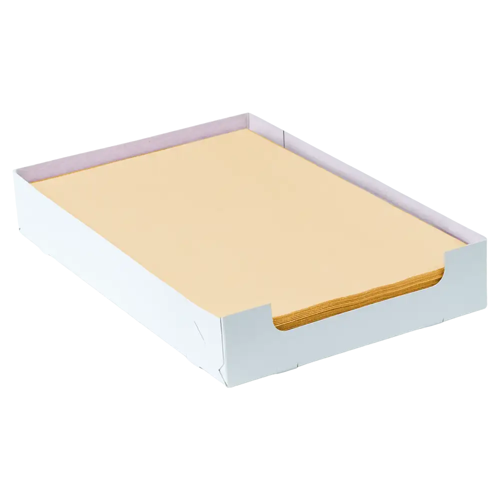 A stack of beige AMPri Dental crepe cover tray filter paper sheets in the size 18 x 28 cm lies neatly in an open white cardboard box without a lid. The box was designed by AMPri Handelsgesellschaft mbH to keep the paper securely in place.