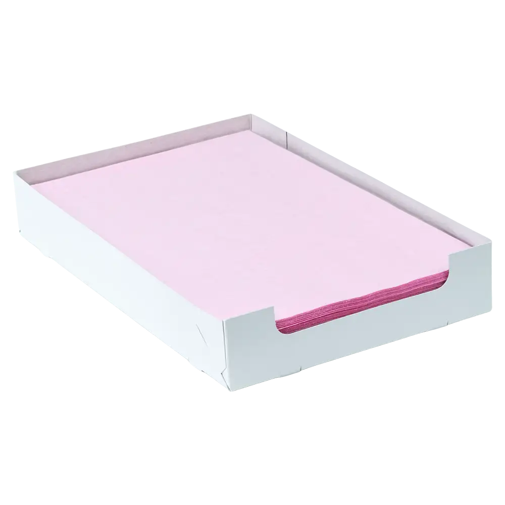 A stack of pink paper, similar to AMPri Dental crepe cover tray filter paper in various colors, lies neatly in a white tray. The low side walls of the tray from AMPri Handelsgesellschaft mbH reveal the carefully ordered edges of the paper.