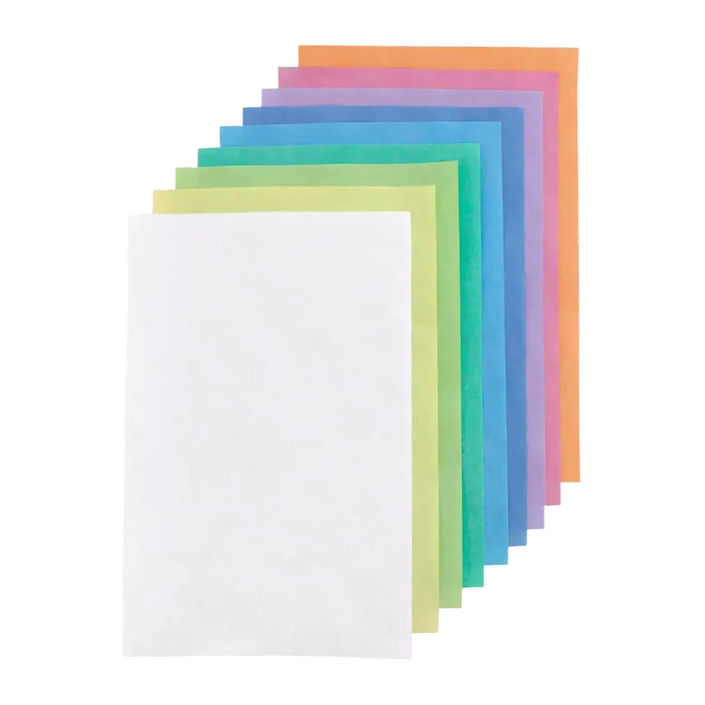 A stack of ten AMPri Dental Crepe Tray Liner Filter Paper Sheets in the colors white, pink, blue, green, and orange from AMPri Handelsgesellschaft mbH. The sheets are arranged in a slightly fan-like pattern.