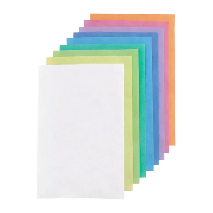 A stack of ten AMPri Dental crepe cover tray filter papers, 18 x 28 cm, from AMPri Handelsgesellschaft mbH, spread out like a fan. The bright colors include white, light blue, dark blue, purple, orange, pink, green, and yellow. Each sheet is carefully arranged, with the edges clearly visible.