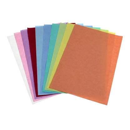 A fan-shaped presentation of AMPri Dental Crepe Tray Liner Filter Paper from AMPri Handelsgesellschaft mbH showcases sheets in vibrant shades of orange, yellow, green, blue, purple, red, pink, and white against a clean background.