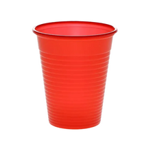 Vor einem weißen Hintergrund ist ein roter Zahnspülbecher aus Polypropylen der AMPri Handelsgesellschaft mbH zu sehen, der häufig in Zahnarztpraxen verwendet wird.