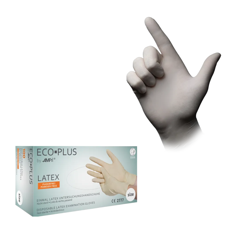 On the left is a box of AMPri ECO-PLUS latex gloves powder-free, white from AMPri Handelsgesellschaft mbH. On the right is a single hand wearing one of the gloves with the thumb pointing upwards. The design on the box and glove is simple, and the text is mostly in German.