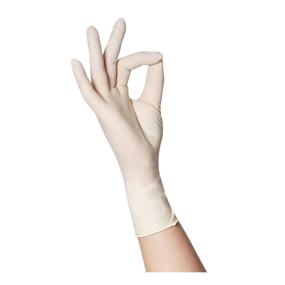 A hand wearing AMPri ECO-PLUS latex gloves powder-free from AMPri Handelsgesellschaft mbH makes an OK gesture, with the thumb and index finger forming a circle while the other fingers are extended. The glove is white.