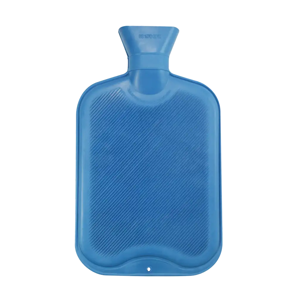 The AMPri rubber hot water bottle with a screw cap in blue offers a textured, ribbed surface and is therefore ideal for use in hospitals.