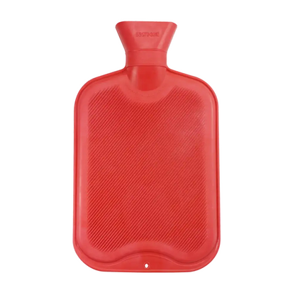 A red AMPri rubber hot water bottle with a textured surface and a screw cap on top.
