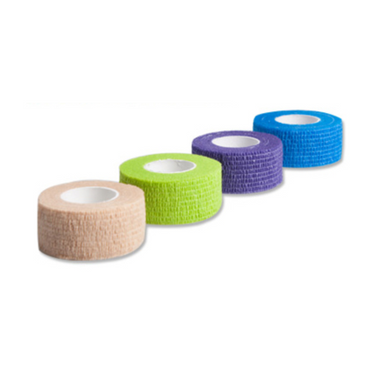 Four rolls of AMPri Joy2Protect adhesive tape, each 2.5 cm x 4.5 m, are placed horizontally side by side. The plasters, ideally suited for use in hospitals, are available in beige, green, purple, and blue, and feature a distinctive white inner core. The textured surface offers excellent grip and support.

