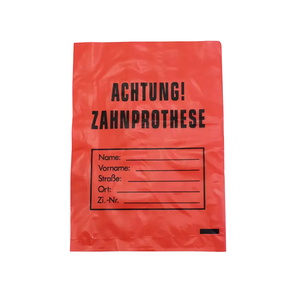 Der AMPri LDPE Zahnprothesenbeutel mit den Maßen 17 x 24 cm verfügt über ein rotes Design mit schwarzem „ACHTUNG! ZAHNPROTHESE“-Text und Feldern für Name, Adresse und Zimmernummer, um eine hygienische und einfache Identifizierung von Zahnprothesen zu gewährleisten. Marke: AMPri Handelsgesellschaft mbH.