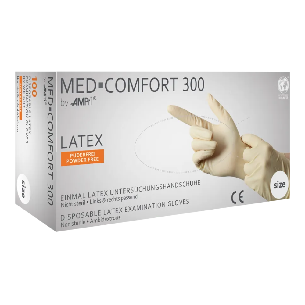 A white box of AMPri MED-COMFORT 300 powder-free latex gloves, white from AMPri Handelsgesellschaft mbH. The box states that the gloves are powder-free, non-sterile, suitable for both hands, and size L – ideal for hospitals. A pair of gloved hands is depicted, with one hand pointing forward and the other forming an 'L'.