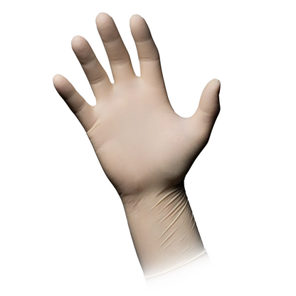 A hand wearing a latex glove is visible against a white background. The glove, labeled AMPri MED-COMFORT 300 powder-free latex gloves, white from AMPri Handelsgesellschaft mbH, fits well and covers the wrist. The fingers are slightly spread.