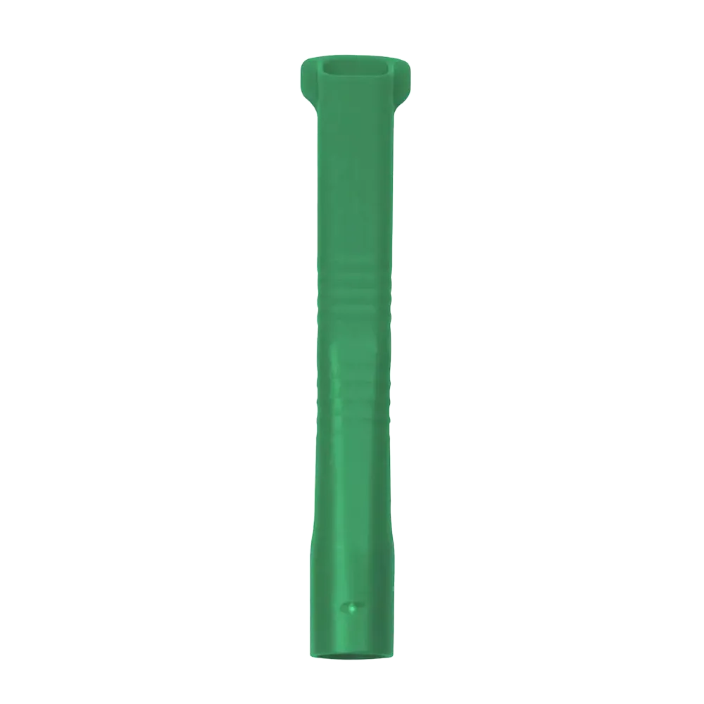 As an AMPri MED-COMFORT dental suction cannula for adults, a green, elongated plastic object is often used, resembling a hollow, cylindrical shape with a flat, slightly wider top. Its surface appears smooth with slight grooves along the length.