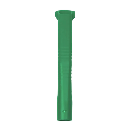 As an AMPri MED-COMFORT dental suction cannula for adults, a green, elongated plastic object is often used, resembling a hollow, cylindrical shape with a flat, slightly wider top. Its surface appears smooth with slight grooves along the length.