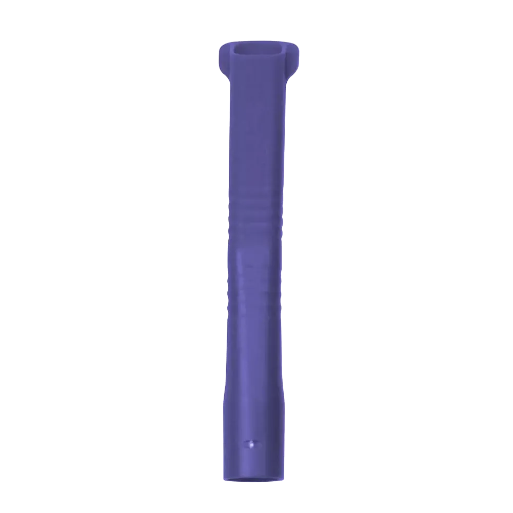 A purple, elongated, cylindrical object with a rounded top and ribbed section in the middle, resembling the AMPri MED-COMFORT dental suction cannulas for adults. The surface is smooth and slightly glossy.