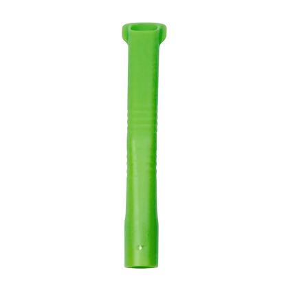 A green tool made of polypropylene with a cylindrical body and flat, rectangular handle, designed for dental use. It has a ribbed texture in the middle and a small hole at the bottom, similar to the MED-COMFORT dental suction cannulas for adults by AMPri Handelsgesellschaft mbH in various colors, available in packs of 10.