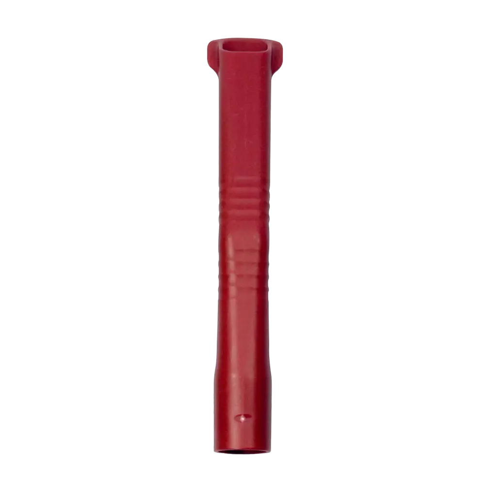The AMPri MED-COMFORT dental suction cannulas for adults, available in various colors, are a red, cylindrical plastic tool with a narrow upper end and a wider, open lower end. This tool is perfect as a reusable suction cannula. It is made from durable polypropylene cannulas and features ribbed textures in the middle for better grip. The product is presented on a white background.