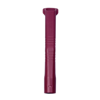 A long, cylindrical object in a purple hue stands vertically against a white background and resembles an AMPri MED-COMFORT dental suction cannula. The object has a narrow top and features grooves in the middle, reflecting the design aesthetic commonly found in modern polypropylene cannulas by AMPri Handelsgesellschaft mbH.