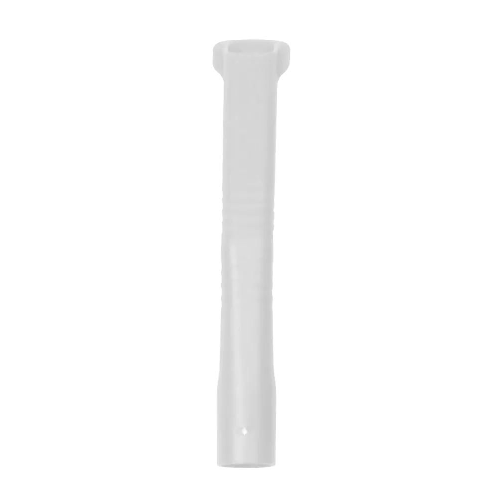 The AMPri MED-COMFORT dental aspiration cannula for adults made of polypropylene, available in various colors, is depicted against a plain white background. The product has a cylindrical shape with a rounded top and an opening at the bottom end.