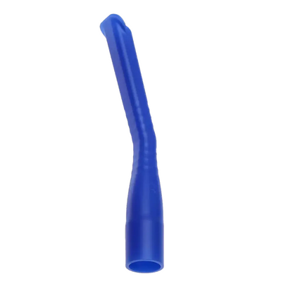 The AMPri MED-COMFORT dental suction cannulas for children, available in various colors and manufactured by AMPri Handelsgesellschaft mbH, are a blue plastic tool with a slim and elongated design, ideal for dental applications. It features a smooth surface with a bend at the top to effectively reach tight spaces. Hygienically sterilized and reusable, it offers young users both safety and comfort.