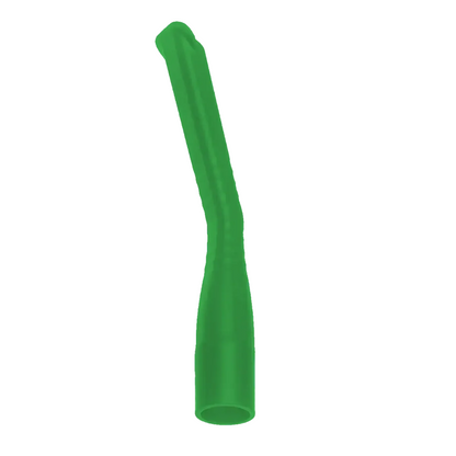 This green AMPri MED-COMFORT dental suction cannula for children, offered by AMPri Handelsgesellschaft mbH, is an elongated, curved plastic nozzle with ribbed sides and an open end designed to direct airflow or liquid. It has a slightly tapered design with a smooth surface and is sterilized and reusable for hygienic use.