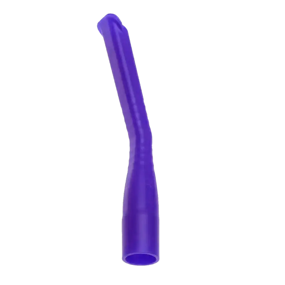 A straight, elongated nozzle made of purple plastic with a slightly curved and ribbed design resembles the AMPri MED-COMFORT dental suction cannulas for children, suggesting it is sterilizable and reusable to allow efficient control of air or liquid flow, and features an open end for easy attachment.