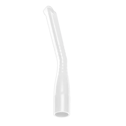 The AMPri MED-COMFORT dental suction tip for children, available in various colors as part of the collection from AMPri Handelsgesellschaft mbH, features a white plastic design with a curved shape and hollow interior. It is sterilized and reusable, ensuring both safety and sustainability in children's oral care.