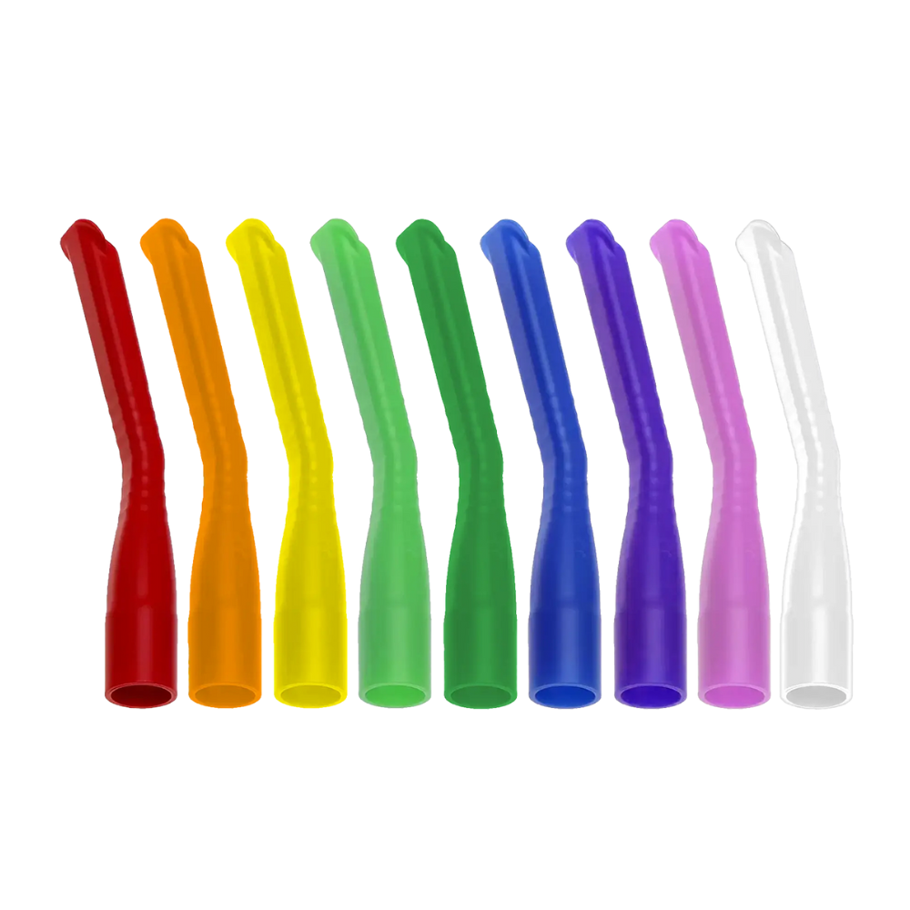 A set of ten brightly colored AMPri MED-COMFORT dental suction cannula tips, offered by AMPri Handelsgesellschaft mbH, is available in various colors including red, orange, yellow, green, light green, blue, dark blue, pink, and white. Each sterilized and reusable tip has a slightly curved design with a cylindrical base. With its appealing colors, it is ideal for children's dental care.