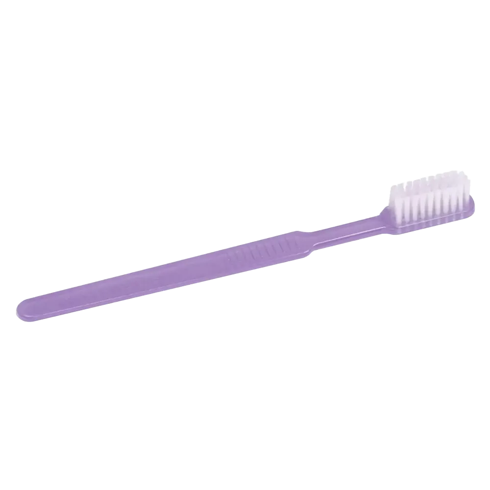 Against a white background, a purple AMPri MED-COMFORT Dental PS disposable toothbrush with a long, straight handle and white bristles is visible – ideal for dental care while traveling.