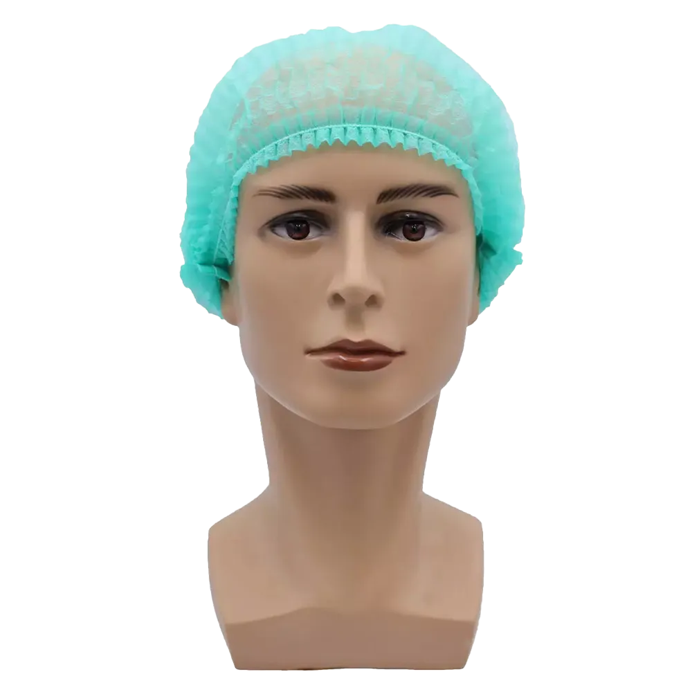 Against a plain white background, a beige mannequin head with a neutral facial expression and short, dark hair is depicted, covered by an AMPri MED-COMFORT clip cap 52 cm, in light green, made of polypropylene by AMPri Handelsgesellschaft mbH. The cap provides hygienic protection.